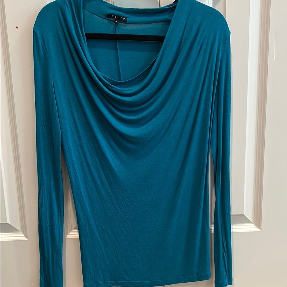 Theory Blue Draped Long Sleeve Blouse